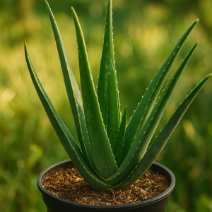 Maceta de aloe vera con hojas verdes carnosas junto a luz natural
