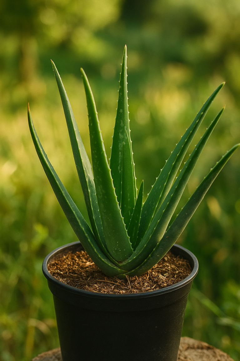 Maceta de aloe vera con hojas verdes carnosas junto a luz natural