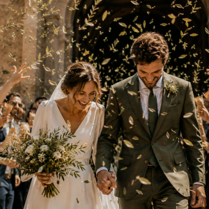 Novios saliendo de la ceremonia mientras familiares y amigos lanzan hojas de olivo frescas al aire en una celebración de boda al aire libre.