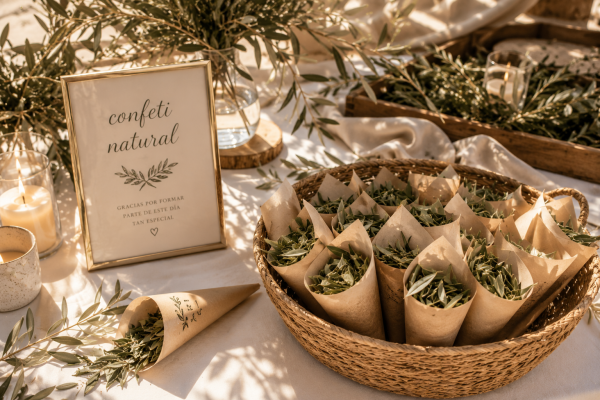 Conos de hojas de olivo como confeti natural para bodas