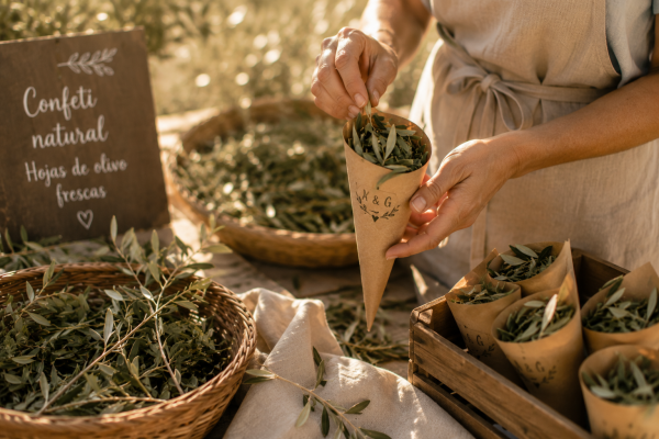 Preparación de conos con hojas de olivo para boda