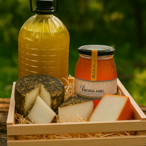 Cesta gourmet DelPueblo con aceite de oliva miel y queso artesano