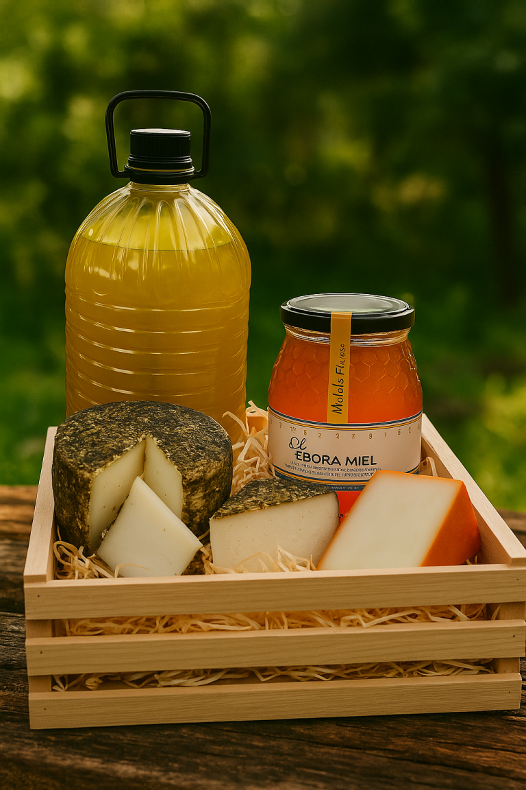 Cesta gourmet DelPueblo con aceite de oliva miel y queso artesano
