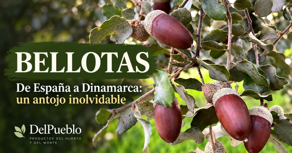 Bellotas en las ramas de una encina, con el texto «Bellotas» y el logotipo de DelPueblo.