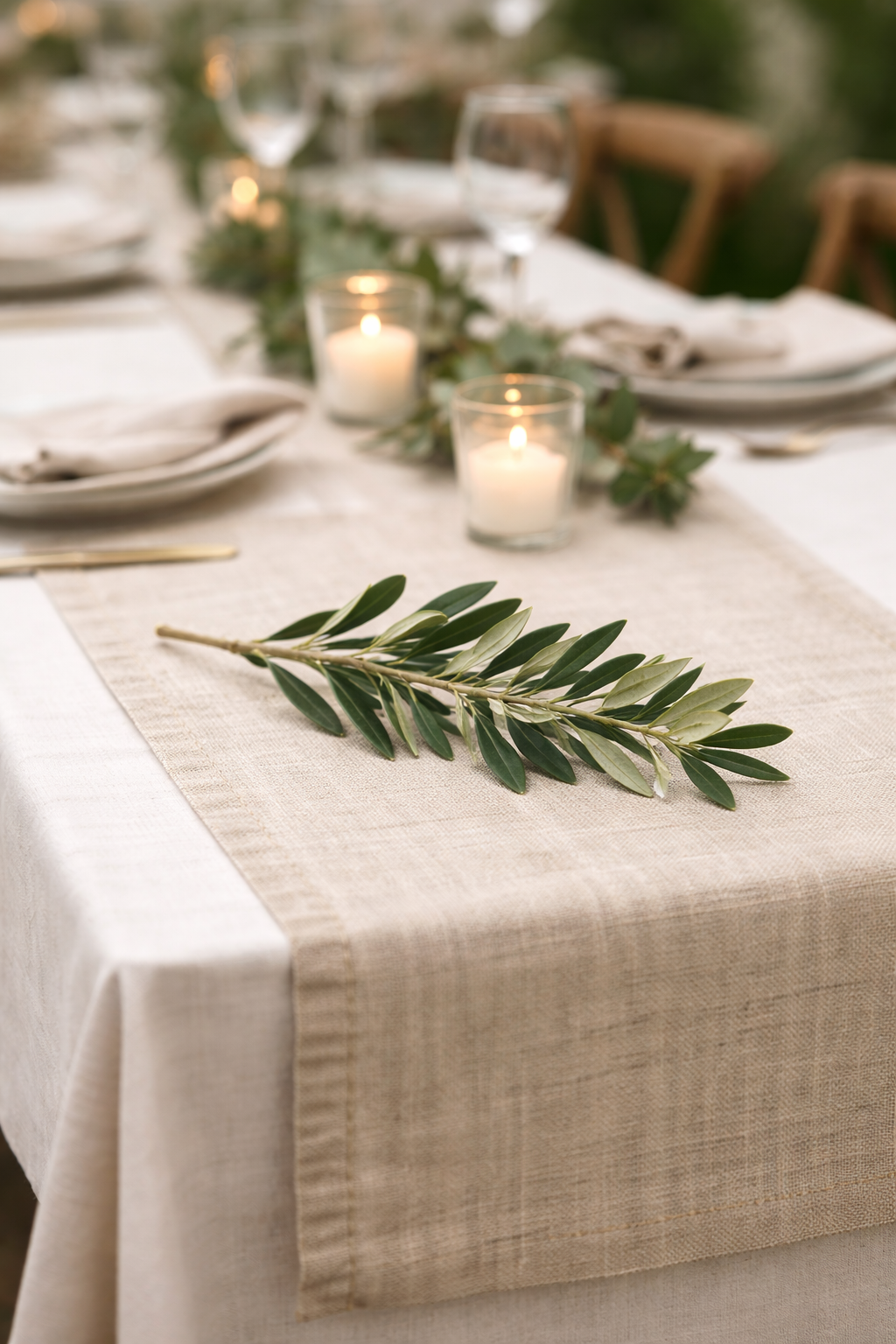 Rama individual de olivo fresca sobre mesa decorada, detalle natural para bodas y eventos eco-friendly