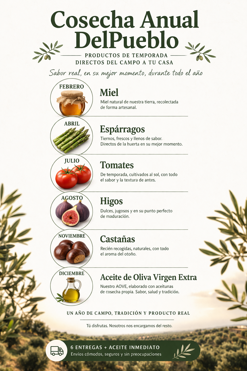 productos de temporada a domicilio calendario cosecha anual DelPueblo con miel espárragos tomates higos castañas y aceite