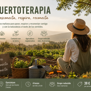 Experiencia de huertoterapia cerca de Madrid para desconectar y reconectar con la naturaleza en DelPueblo, Garciotum Toledo