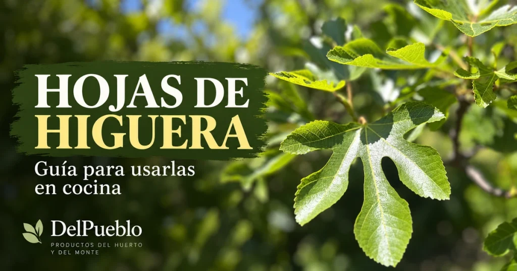 Hoja de higuera iluminada por el sol en el árbol, con el texto «Hojas de higuera» y el logotipo de DelPueblo.