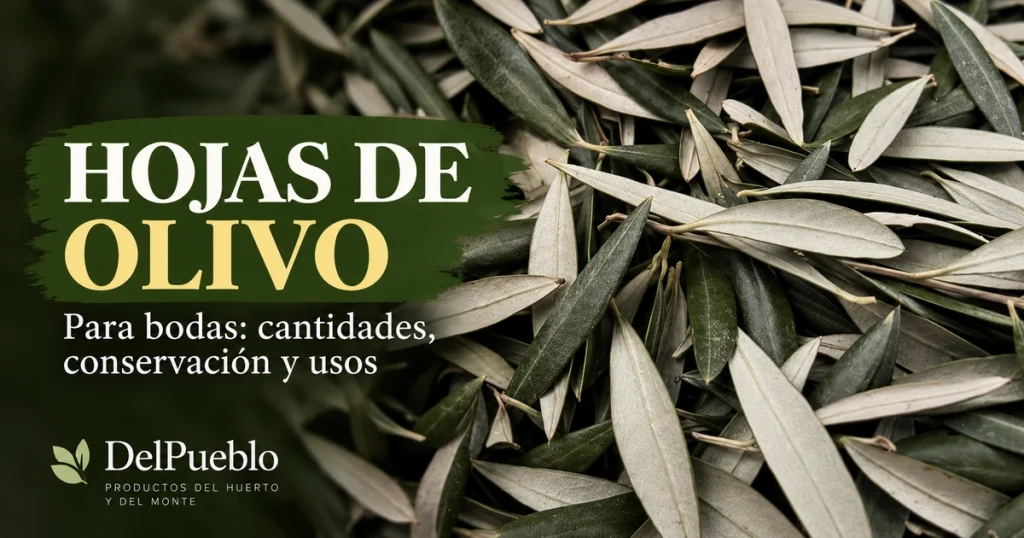Hojas de olivo con sus caras verdes y plateadas, con el texto «Hojas de olivo» y el logotipo de DelPueblo.