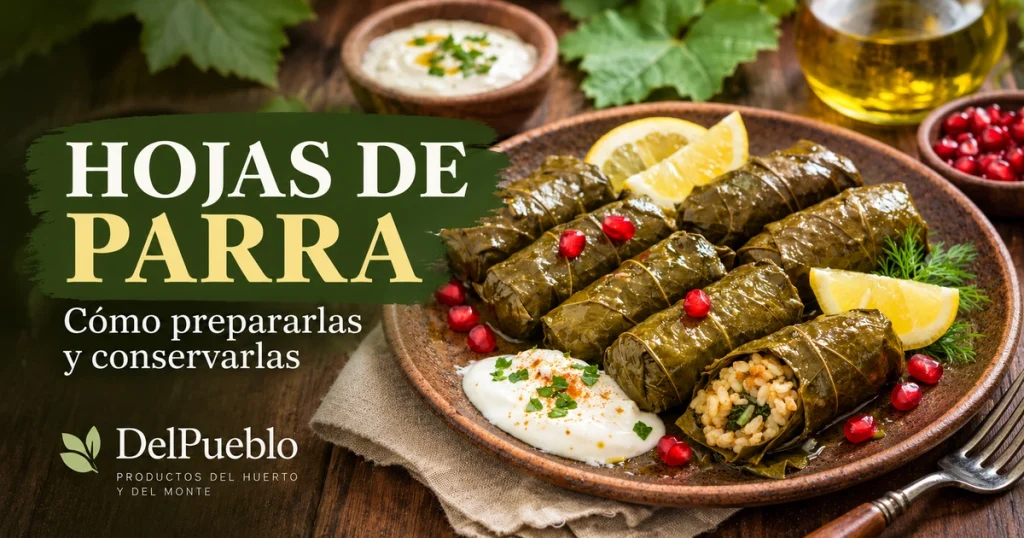 Hojas de parra rellenas de arroz en un plato con limón y salsa, con el texto «Hojas de parra» y el logotipo de DelPueblo.