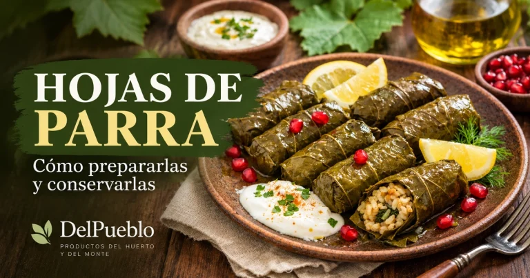Hojas de parra rellenas de arroz en un plato con limón y salsa, con el texto «Hojas de parra» y el logotipo de DelPueblo.