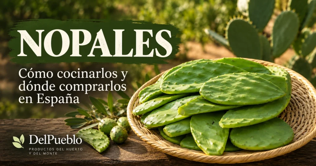 Nopales verdes en una cesta sobre una mesa de madera, con el texto «Nopales» y el logotipo de DelPueblo.