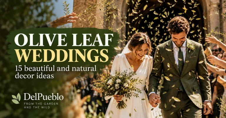Bride and groom showered with olive leaves, with the text “Olive Leaf Weddings” and the DelPueblo logo.