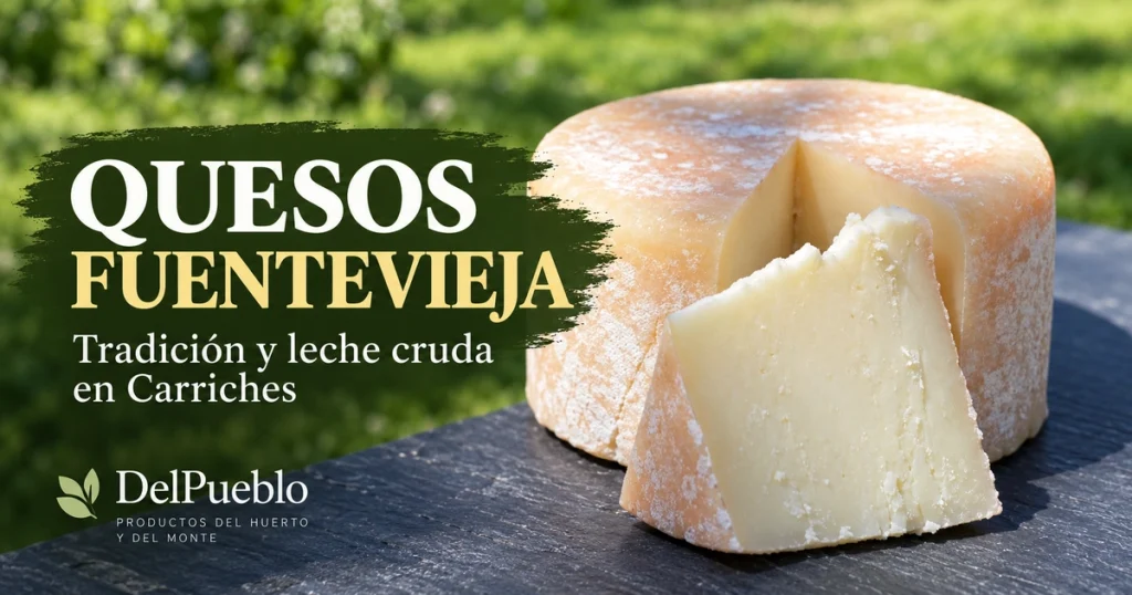 Queso Fuentevieja con una cuña cortada sobre una superficie de pizarra, con el texto «Quesos Fuentevieja» y el logotipo de DelPueblo.