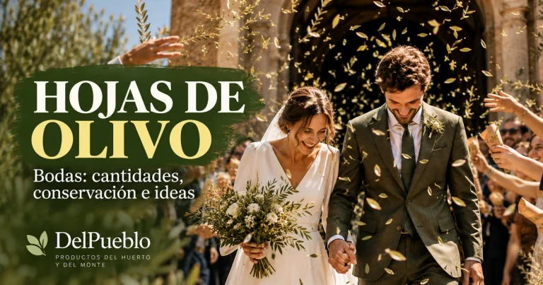 Novios bajo una lluvia de hojas de olivo, con el texto «Hojas de olivo» y el logotipo de DelPueblo.