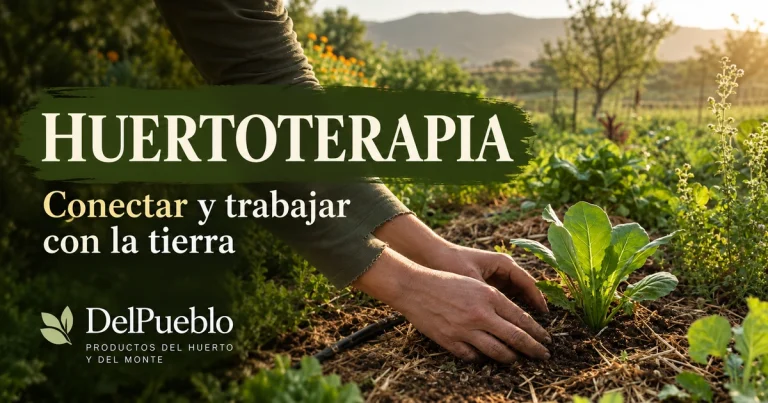 Manos cuidando una planta en el huerto, con el texto «Huertoterapia» y el logotipo de DelPueblo.