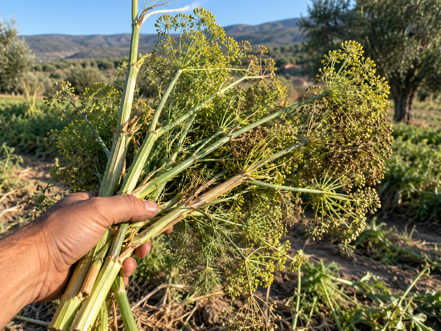 Tallos de hinojo recién cortados y recogidos en el campo