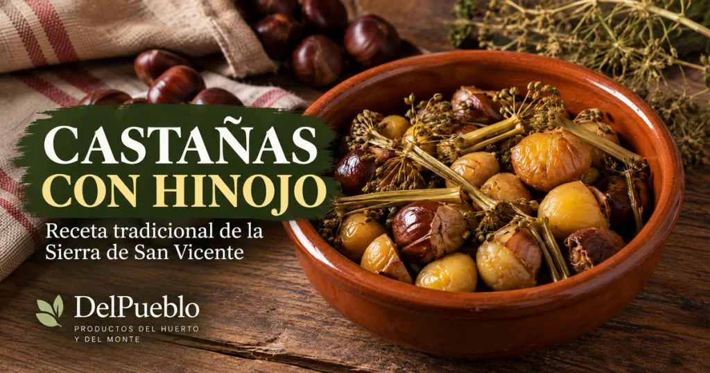 Castañas guisadas con hinojo en una cazuela de barro, con el texto «Castañas con hinojo» y el logotipo de DelPueblo.