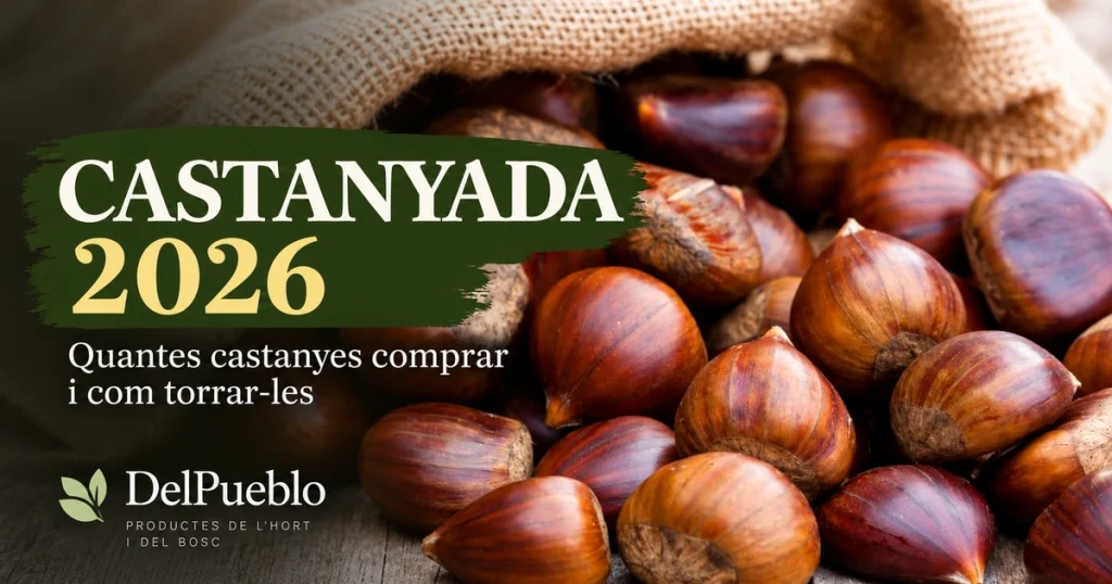 Castanyes sobre una taula de fusta al costat d’un sac, amb el text «Castanyada 2026» i el logotip de DelPueblo.